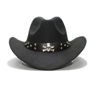 Black Western Skull Cowboy, Cowgirl Hat, Skull‎ Strap, Men Women Retro Wide Brim